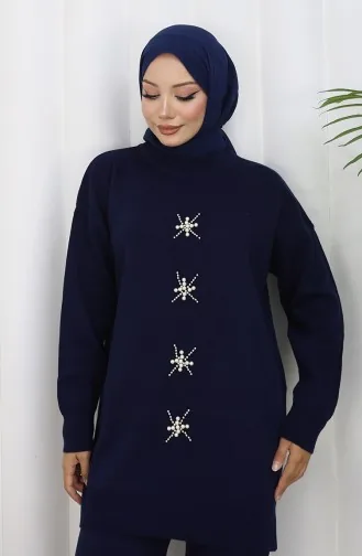 بدلة من قطعتين، بنطلون وتونيك مطرز باللؤلؤ، 1068-05 أزرق داكن 1068-05