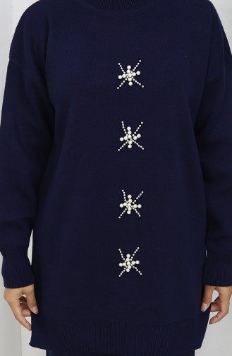 Ensemble Deux Pièces En Tricot Tunique Et Pantalon Brodés De Perles 1068-05 Bleu Marine 1068-05