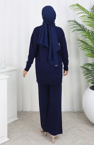 Ensemble Deux Pièces En Tricot Tunique Et Pantalon Brodés De Perles 1068-05 Bleu Marine 1068-05