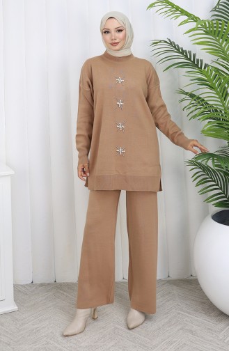 Ensemble Deux Pièces En Tricot Tunique Et Pantalon Brodés De Perles Couleur Café Au Lait 1068-06 1068-06