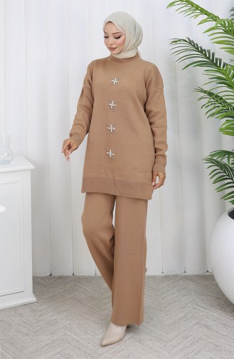 Ensemble Deux Pièces En Tricot Tunique Et Pantalon Brodés De Perles Couleur Café Au Lait 1068-06 1068-06