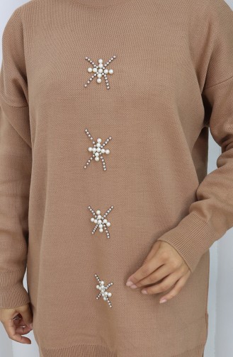 Ensemble Deux Pièces En Tricot Tunique Et Pantalon Brodés De Perles Couleur Café Au Lait 1068-06 1068-06