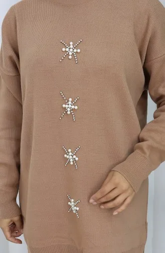 بدلة من قطعتين، بنطال وقميص محبوك مطرز باللؤلؤ، لون القهوة والحليب، رقم 1068-06 1068-06