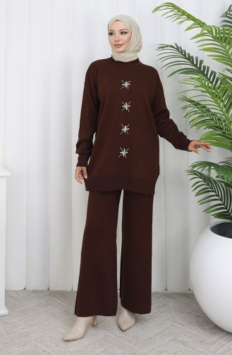 Gebreid Parelmoer Geborduurd Tuniek Broek Tweedelig Pak 1068-07 Bruin 1068-07