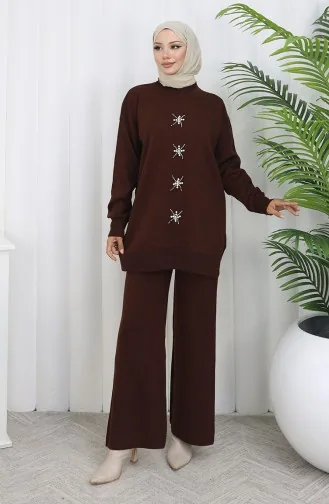 بدلة من قطعتين، بنطلون وتونيك مطرز باللؤلؤ، لون بني، 1068-07 1068-07