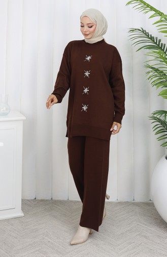Gebreid Parelmoer Geborduurd Tuniek Broek Tweedelig Pak 1068-07 Bruin 1068-07