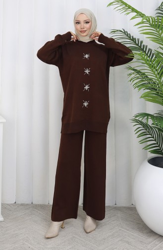 Gebreid Parelmoer Geborduurd Tuniek Broek Tweedelig Pak 1068-07 Bruin 1068-07