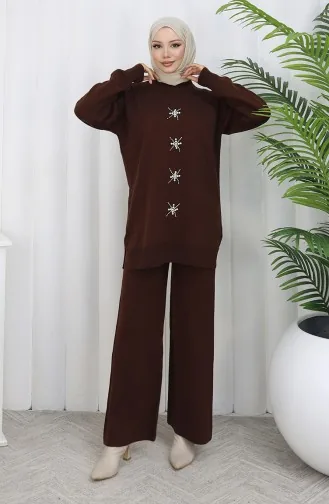 بدلة من قطعتين، بنطلون وتونيك مطرز باللؤلؤ، لون بني، 1068-07 1068-07