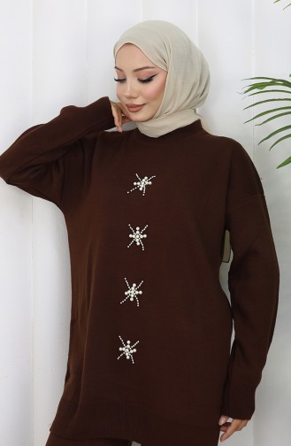 Gebreid Parelmoer Geborduurd Tuniek Broek Tweedelig Pak 1068-07 Bruin 1068-07
