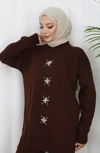 بدلة من قطعتين، بنطلون وتونيك مطرز باللؤلؤ، لون بني، 1068-07 1068-07