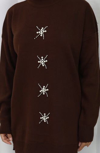 Gebreid Parelmoer Geborduurd Tuniek Broek Tweedelig Pak 1068-07 Bruin 1068-07