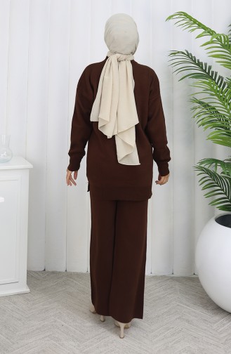 Gebreid Parelmoer Geborduurd Tuniek Broek Tweedelig Pak 1068-07 Bruin 1068-07
