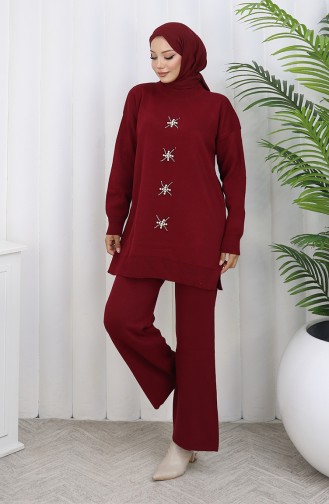 Gebreid Parelmoer Geborduurd Tuniek Broek Tweedelig Pak 1068-08 Bordeauxrood 1068-08