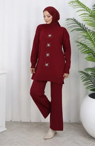 Knitwear Pearl Embroidered Tunic Trousers Two Piece Suit 1068-08 Claret Red 1068-08