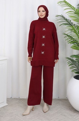 Gebreid Parelmoer Geborduurd Tuniek Broek Tweedelig Pak 1068-08 Bordeauxrood 1068-08