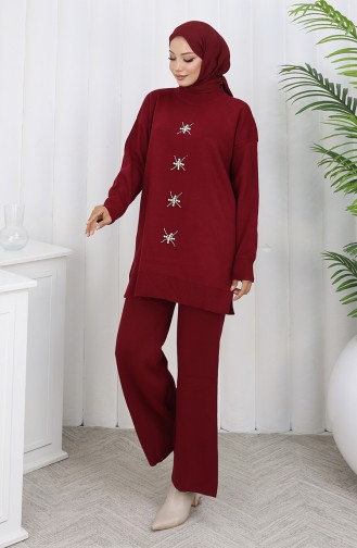 Gebreid Parelmoer Geborduurd Tuniek Broek Tweedelig Pak 1068-08 Bordeauxrood 1068-08