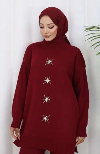 Gebreid Parelmoer Geborduurd Tuniek Broek Tweedelig Pak 1068-08 Bordeauxrood 1068-08