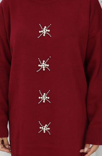 Gebreid Parelmoer Geborduurd Tuniek Broek Tweedelig Pak 1068-08 Bordeauxrood 1068-08