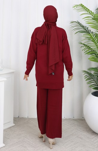 Gebreid Parelmoer Geborduurd Tuniek Broek Tweedelig Pak 1068-08 Bordeauxrood 1068-08