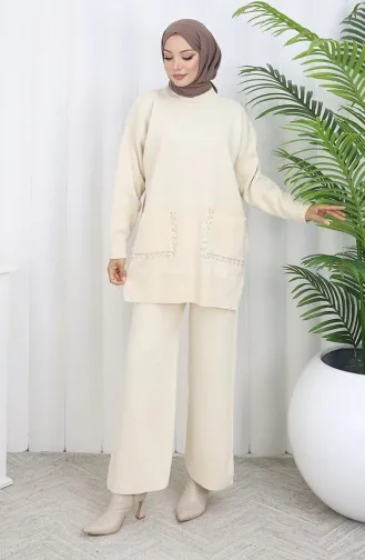 Triko Cepli İncili Tunik Pantolon İkili Takım 1070-01 Bej