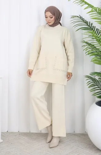 Triko Cepli İncili Tunik Pantolon İkili Takım 1070-01 Bej