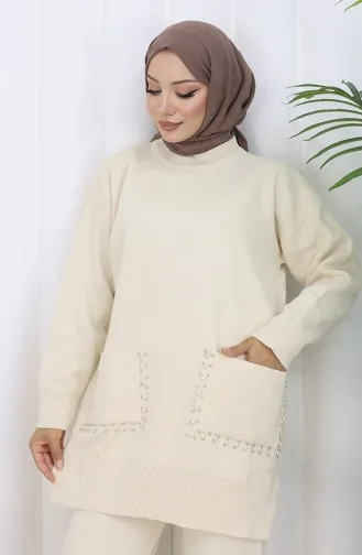Triko Cepli İncili Tunik Pantolon İkili Takım 1070-01 Bej