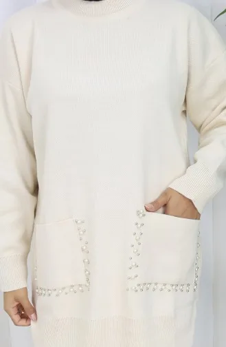Triko Cepli İncili Tunik Pantolon İkili Takım 1070-01 Bej