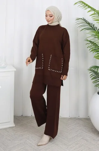 Ensemble Deux Pièces En Tricot Tunique Et Pantalon à Perles Poche 1070-02 Marron 1070-02