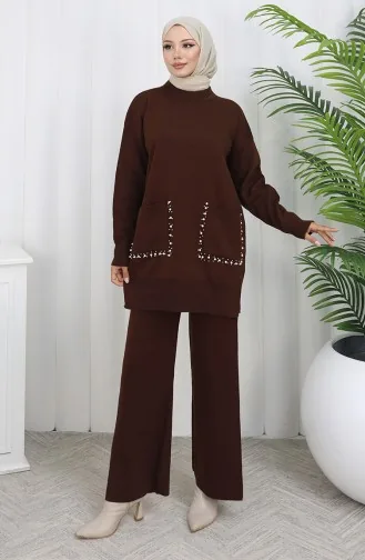 Ensemble Deux Pièces En Tricot Tunique Et Pantalon à Perles Poche 1070-02 Marron 1070-02
