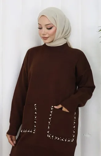 Ensemble Deux Pièces En Tricot Tunique Et Pantalon à Perles Poche 1070-02 Marron 1070-02