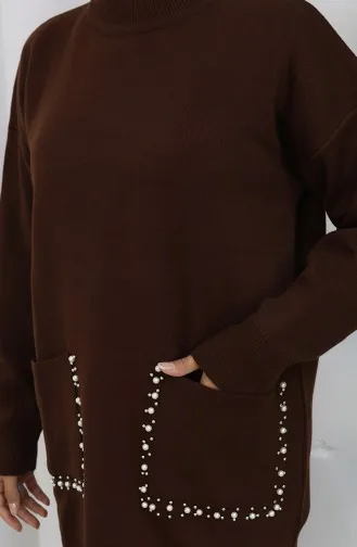 Ensemble Deux Pièces En Tricot Tunique Et Pantalon à Perles Poche 1070-02 Marron 1070-02