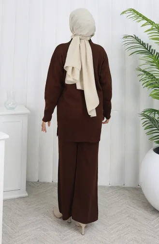 Ensemble Deux Pièces En Tricot Tunique Et Pantalon à Perles Poche 1070-02 Marron 1070-02