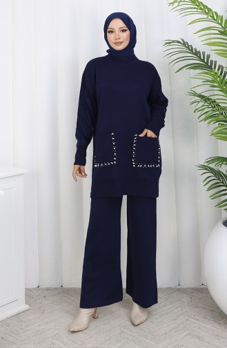 Knitwear Pocket Pearl Tunic Trousers Two Piece Suit 1070-04 Navy Blue 1070-04