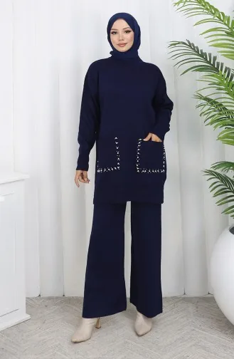 Ensemble Deux Pièces En Tricot Avec Poche Et Perles Tunique Et Pantalon 1070-04 Bleu Marine 1070-04
