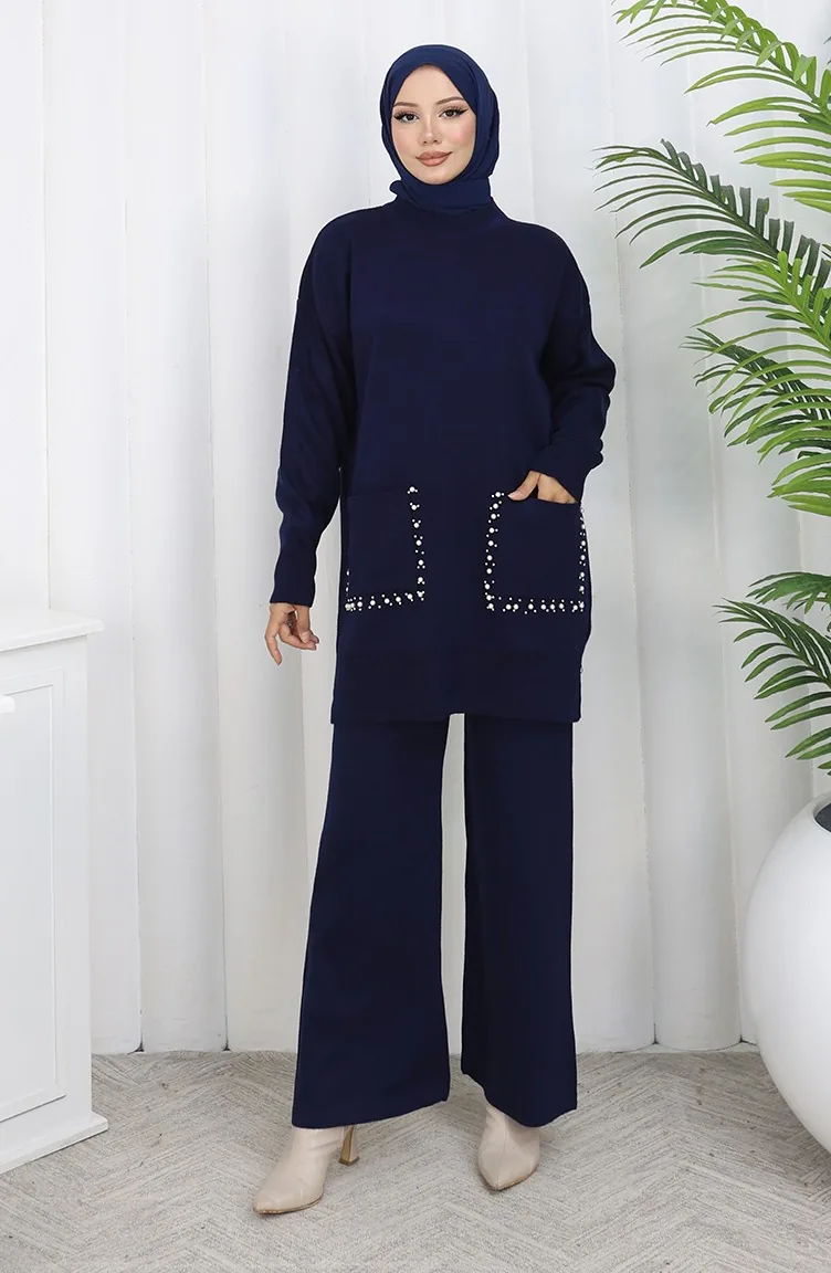 Ensemble Deux Pièces En Tricot Avec Poche Et Perles Tunique Et Pantalon 1070-04 Bleu Marine 1070-04