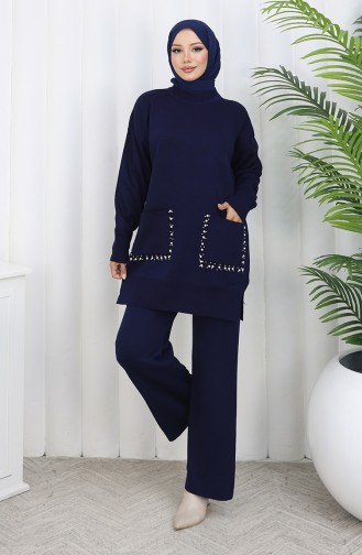 Knitwear Pocket Pearl Tunic Trousers Two Piece Suit 1070-04 Navy Blue 1070-04