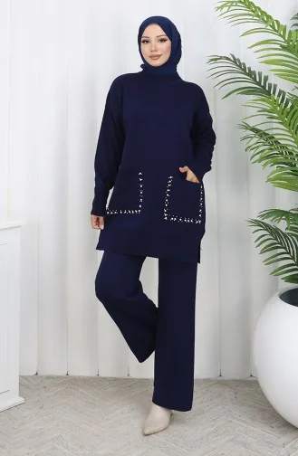 Ensemble Deux Pièces En Tricot Avec Poche Et Perles Tunique Et Pantalon 1070-04 Bleu Marine 1070-04