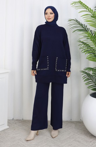 Knitwear Pocket Pearl Tunic Trousers Two Piece Suit 1070-04 Navy Blue 1070-04