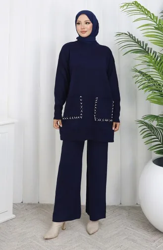 Ensemble Deux Pièces En Tricot Avec Poche Et Perles Tunique Et Pantalon 1070-04 Bleu Marine 1070-04