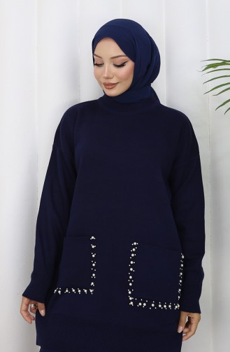 Knitwear Pocket Pearl Tunic Trousers Two Piece Suit 1070-04 Navy Blue 1070-04