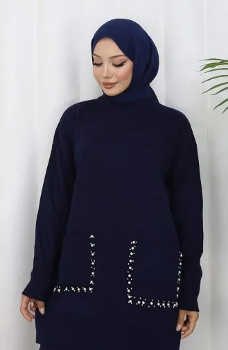 Ensemble Deux Pièces En Tricot Avec Poche Et Perles Tunique Et Pantalon 1070-04 Bleu Marine 1070-04