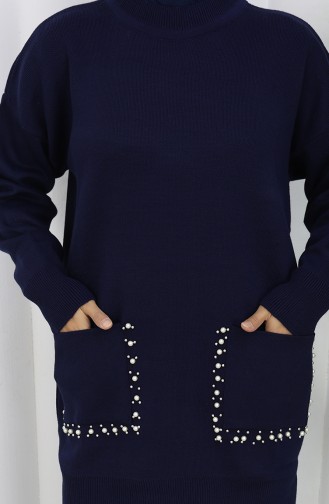 Knitwear Pocket Pearl Tunic Trousers Two Piece Suit 1070-04 Navy Blue 1070-04