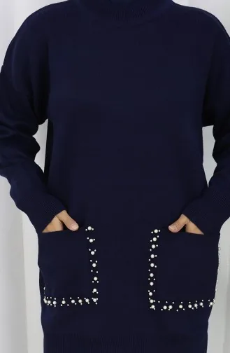 Ensemble Deux Pièces En Tricot Avec Poche Et Perles Tunique Et Pantalon 1070-04 Bleu Marine 1070-04