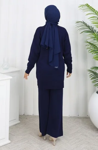 Ensemble Deux Pièces En Tricot Avec Poche Et Perles Tunique Et Pantalon 1070-04 Bleu Marine 1070-04