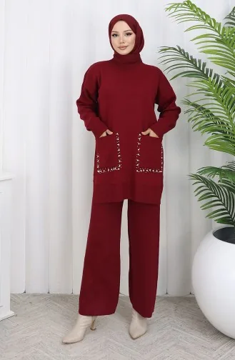 Gebreid Tuniek Met Zakken En Parels Tweedelig Pak 1070-05 Bordeauxrood 1070-05