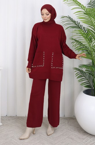 Gebreid Tuniek Met Zakken En Parels Tweedelig Pak 1070-05 Bordeauxrood 1070-05