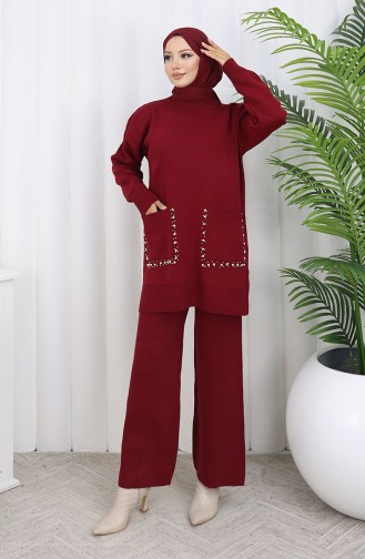 Gebreid Tuniek Met Zakken En Parels Tweedelig Pak 1070-05 Bordeauxrood 1070-05