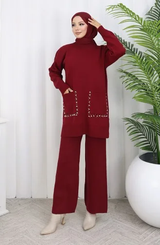 Gebreid Tuniek Met Zakken En Parels Tweedelig Pak 1070-05 Bordeauxrood 1070-05