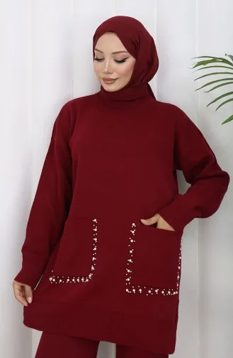 Gebreid Tuniek Met Zakken En Parels Tweedelig Pak 1070-05 Bordeauxrood 1070-05