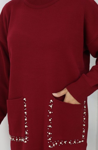 Gebreid Tuniek Met Zakken En Parels Tweedelig Pak 1070-05 Bordeauxrood 1070-05